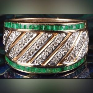 14K Yellow Gold Diamond & Emerald Wide Band Ring Channel Set Emeralds Estate